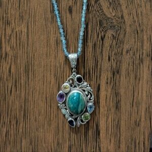 Sterling Silver Genuine Multi-Gemstone Pendant On A 20in Beaded Necklace